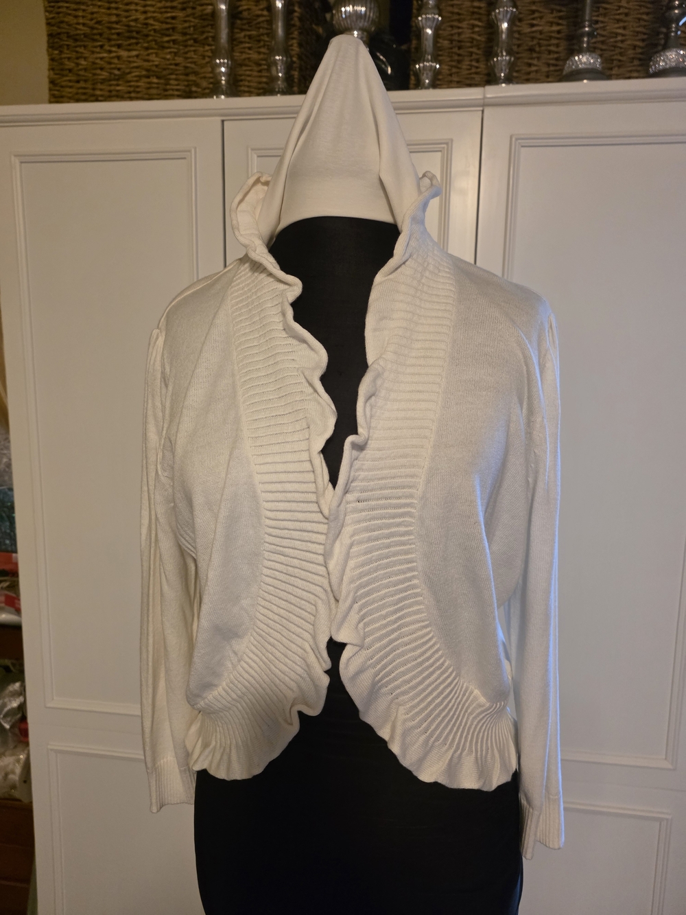 Worthington Cream Ruffle-Trim Open-Front Cardigan